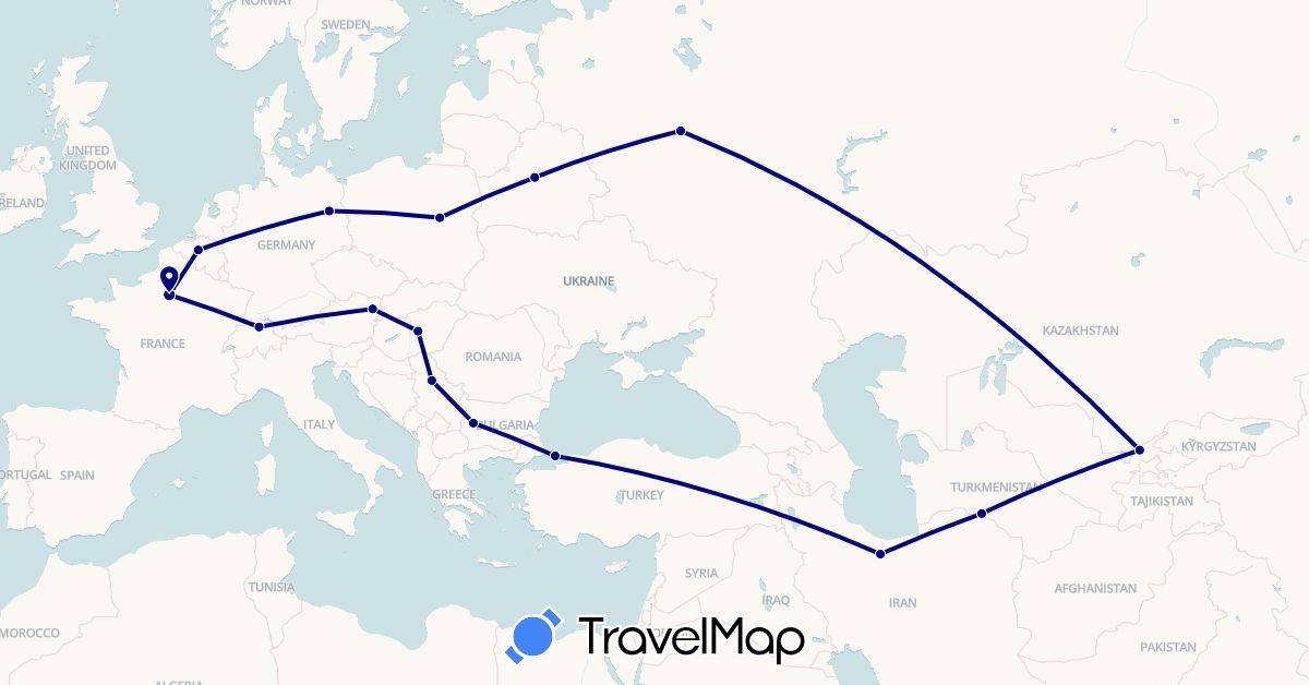 TravelMap itinerary: driving in Austria, Belgium, Bulgaria, Belarus, Switzerland, Germany, France, Hungary, Iran, Poland, Serbia, Russia, Turkmenistan, Turkey, Uzbekistan (Asia, Europe)